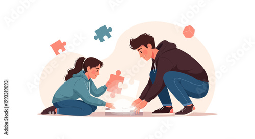 Two people assembling a jigsaw puzzle, teamwork and problem solving concept