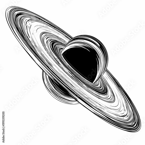 Black hole features a powerful gravitational pull with swirling accretion disks orbiting a central dark void.