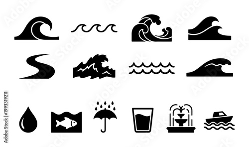 Minimalist water wave icons set, black ocean surf symbols and sea ripples, collection of 14 liquid nature elements for weather and nautical design