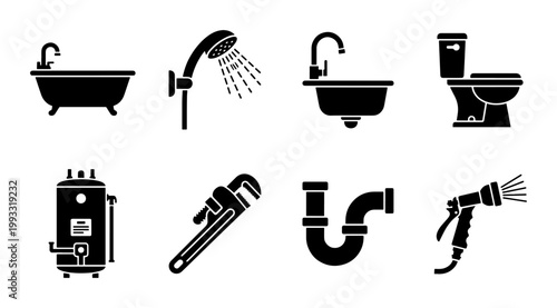 Plumbing and bathroom icon set, 8 black silhouette vector elements, sanitary equipment and repair tools for home maintenance and construction