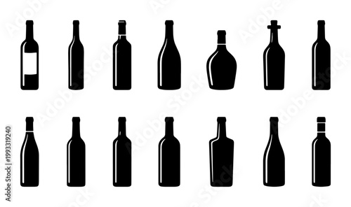 Minimalist wine bottle silhouettes, set of 14 black glass bottle icons, alcoholic beverage packaging vector elements for bar menu and winery branding