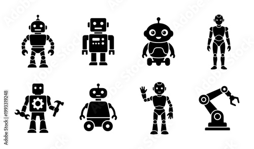 Futuristic robot icons set, black silhouette android characters and robotic arm vector, 8 mechanical automation elements for technology design