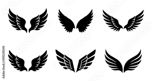 Heraldic eagle wings silhouettes set, 6 black vector wing icons, tribal feather wing design elements for logos and tattoos, flying bird wing symbols