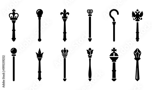 Royal scepter icon set, 12 black silhouette monarch wands and ceremonial staffs, medieval king and queen regalia vector collection for heraldry design