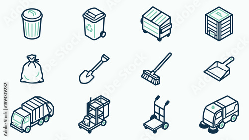 Waste Management and Cleaning Service Isometric Icon Set