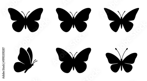 Black butterfly silhouette collection, set of 6 minimalist insect vector icons, elegant butterfly wing shapes for logo design and nature branding