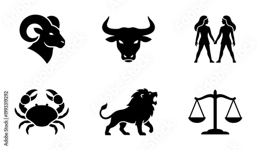 Zodiac signs black vector icon set, astrology horoscope symbols collection, minimalist celestial icons for ram bull twins crab lion and scales