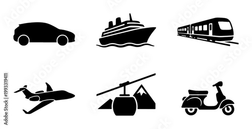Transportation icons set with 6 black silhouettes, vehicle symbols for travel and logistics, minimalist car ship train plane cable car and scooter vector