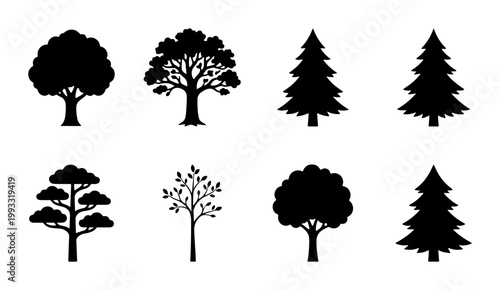 Black tree silhouettes set, 8 forest plant vector icons, minimalist oak and pine tree collection, natural landscape design elements
