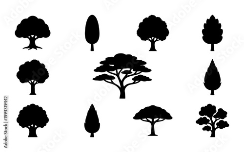 Minimalist tree silhouettes set, collection of 11 black nature icons, flat vector forest and garden plant symbols for landscape design and mapping