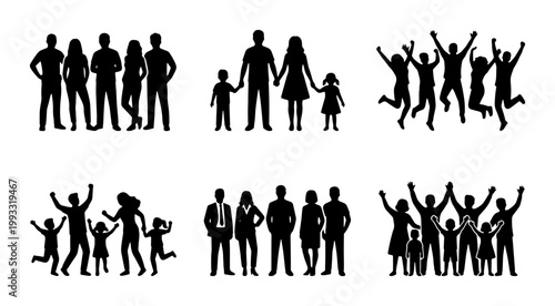 People silhouette collection, diverse group of family and business professional figures, jumping and standing human silhouettes in black vector set