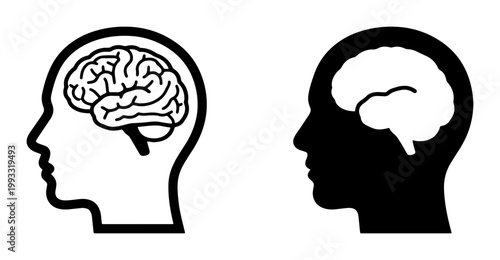 Human brain icon set in profile, black and white head silhouette with anatomical brain, mental health and neurology vector symbols for medical design
