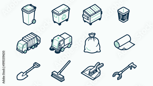 Isometric Waste Management and Cleaning Service Icon Set