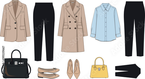 Minimalist Women Fashion Outfit Set with Blazer Coat Shirt Pants Shoes and Handbags for Elegant Modern Wardrobe Styling Design