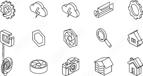 Isometric Technology Line Art Icons Pack. Digital Business, Engineering  Smart Home Symbols with Gear, Cloud, Camera, Magnifier  House Outlines.
