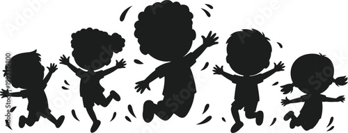 Five happy children in silhouette jump high with arms raised experiencing pure joy and freedom