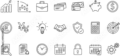 Black and White Hand-Drawn Finance and Business Line Art Icons Set. Sketch Symbols for Investment, Banking, Strategy, Money, and Economic Growth.
