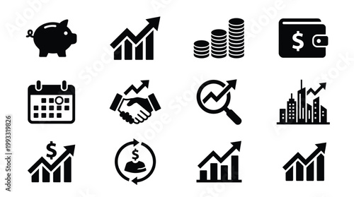 A comprehensive set of black flat vector icons representing financial growth, business investment, and strategic planning. Ideal for professional design projects.
