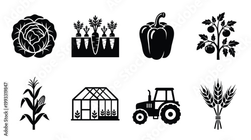 Set of clean, modern vector black icons representing agriculture, farming, crops, vegetables, greenhouse, tractor, and harvest. Perfect for web design or infographics.