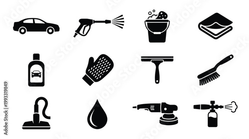 Essential vector icons for car wash, auto detailing, and vehicle cleaning services. Includes tools like polisher, washer, sponge, vacuum. Ideal for apps, websites, branding.