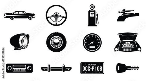 A collection of black vector icons representing classic car parts and vintage automotive elements. Ideal for retro designs, websites, apps, and car enthusiast projects.