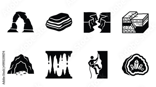 Black vector icons illustrating natural geological formations: arch, canyon, cave, fault, geode, stalactites, layered rock, and a rock climber. Ideal for education, science, and adventure designs.