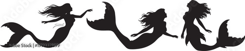 Three Silhouetted Mermaids with Flowing Hair and Detailed Tails, Vector Illustration eps 10