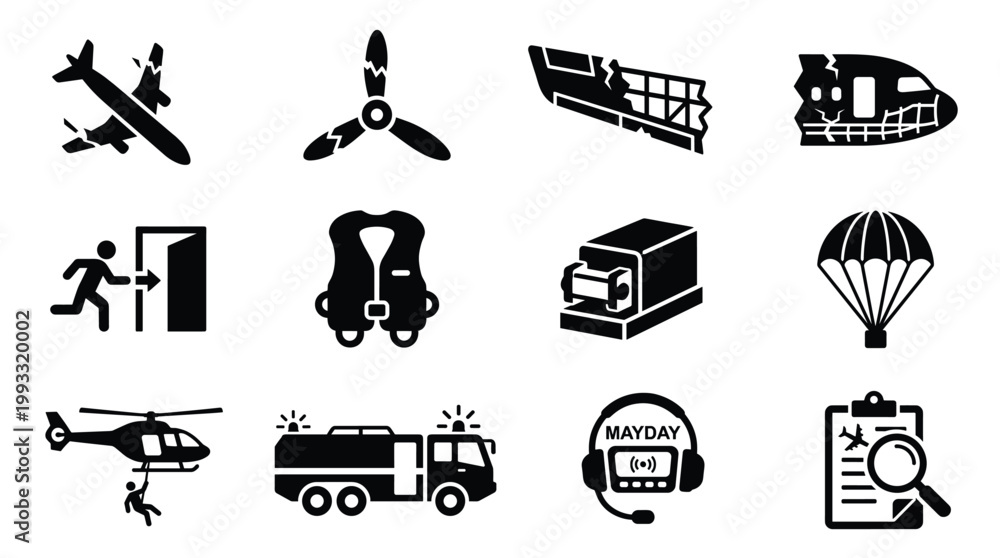 Fototapeta premium Black vector icons depicting aviation emergencies, accidents, safety, and rescue operations. Ideal for infographics, apps, and web design.