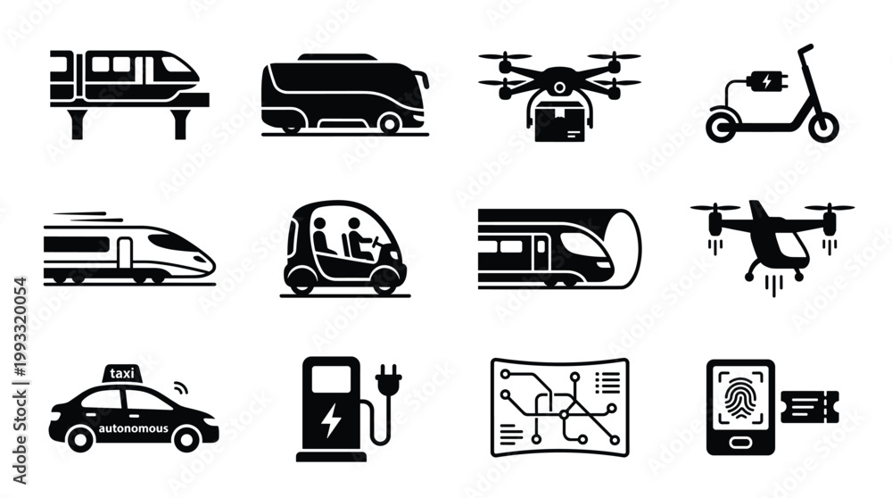 Obraz premium Collection of modern urban transportation, electric vehicle, and future mobility vector icons. Autonomous travel, smart city logistics, and digital services for innovative designs.