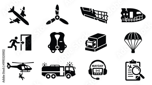Black vector icons depicting aviation emergencies, accidents, safety, and rescue operations. Ideal for infographics, apps, and web design.