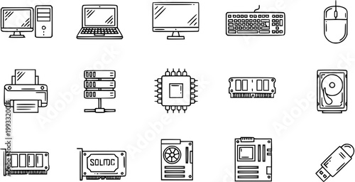 Black and White Line Art Icons of Computer Hardware and Peripherals