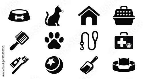 A comprehensive vector collection of black silhouette icons representing essential pet care supplies and animal accessories. Ideal for pet services, shops, or educational use.
