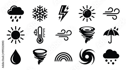 Versatile black vector weather icons collection depicting diverse climate conditions such as sun, rain, snow, and wind. Perfect for digital design.