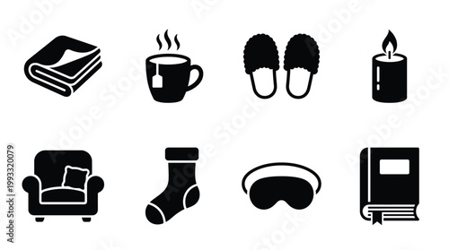 Black vector icons for cozy home comfort, relaxation, and self-care. Ideal for web design, apps, or projects needing symbols of well-being and leisure.