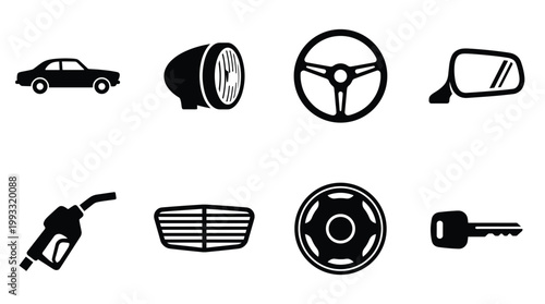 A collection of 8 black car and automotive part vector icons, including a car, steering wheel, headlight, fuel pump, and key. Ideal for web, apps, or design.