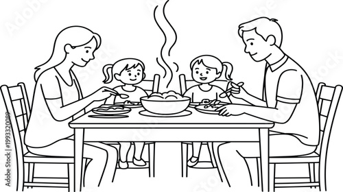 A simple black and white line drawing of a family eating