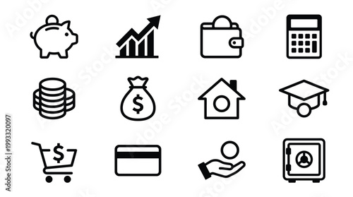 A comprehensive set of modern line vector icons for finance, money, savings, investment, and business. Ideal for web, apps, and educational design projects.