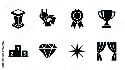 Vector icon set for awards, events, success, and luxury. Includes trophies, podiums, spotlights, and diamonds. Ideal for UI, web, apps, and print designs.