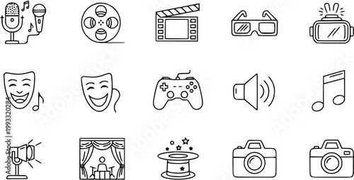 Entertainment Icons Set: Microphone, Film Reel, Clapperboard, VR, Masks, Game Controller, Sound, Music Note, Megaphone, Stage, Camera