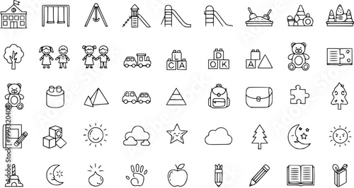 Children Education Play Icons Set with School, Playground, Toys, and Learning Symbols - Hand-drawn Black and White Line Art for Preschool  Early Childhood