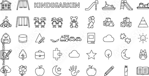 Kindergarten Line Art Icons Set. Black and White Outline Symbols for Childcare, Education, and Play. Children's School and Toy Elements Collection.