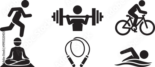 Fitness and Sports Icons: Running, Weightlifting, Cycling, Swimming, Yoga, Jump Rope Vector Illustration eps 10