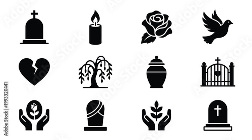 A collection of black vector icons symbolizing funeral, mourning, grief, and remembrance. Ideal for memorial service designs, obituaries, or religious contexts.