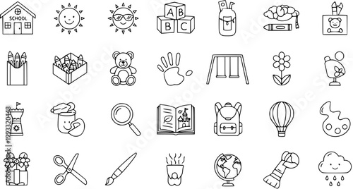 Black and White Line Art Icons for Education, School, and Children's Fun