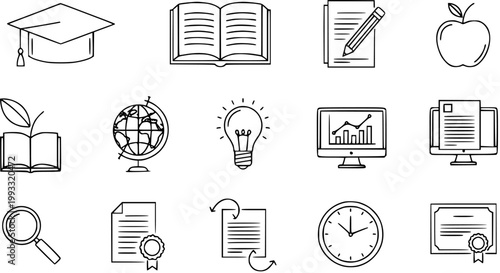 Education and Learning Black  White Line Art Icons Set. Academic Study Symbols Collection for School, Knowledge, and University Themes.