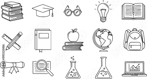 Black  White Line Art Education Icons Set: School, University, and Learning Symbols Collection