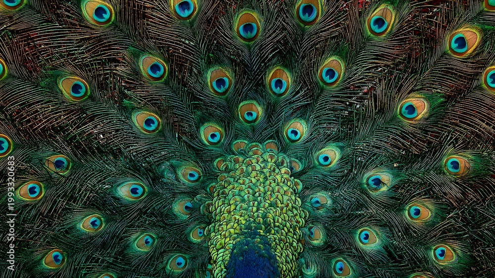 Obraz premium Close-up of vibrant peacock feathers in full display
