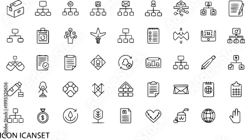 Business Management Technology Line Art Icons Set - Hand Drawn Organization Chart, Document, Planning, and Finance Symbols Collection