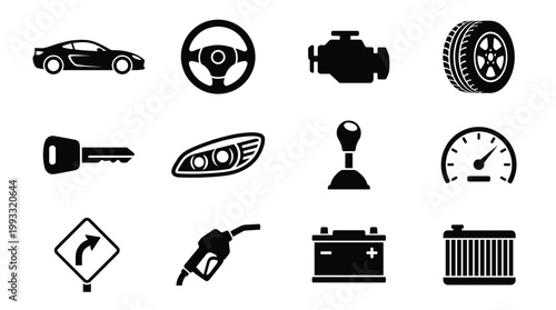 Vector collection of essential automotive icons including car, engine, tire, and more. Ideal for auto service, transport apps, and repair shop designs.