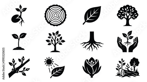 A diverse set of monochrome vector icons illustrating plant growth, nature, ecology, and environmental care. Ideal for web, apps, or educational designs.